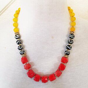 Boho Red Coral & Yellow Jade Tribal Print Beaded Statement Necklace